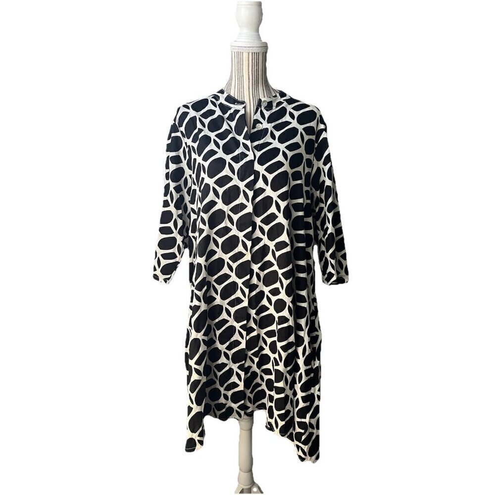 Bryn Walker MEDIUM Black & White Cotton Winona Lagenlook Tunic Dress Pockets